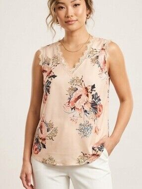 Peach Floral Lace Trim Sleeveless Blouse Sz L